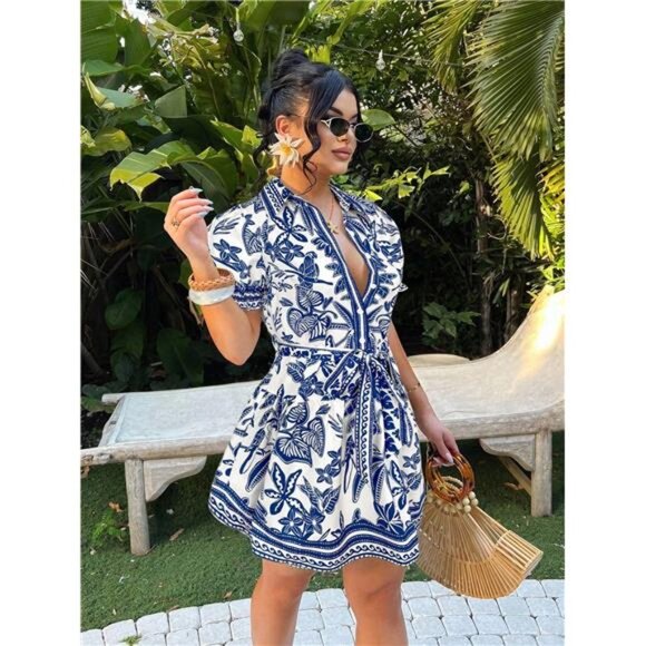 NEW - Vacation Casual Bohemian Tropical Print A-Line Mini Dress - Picture 4 of 7